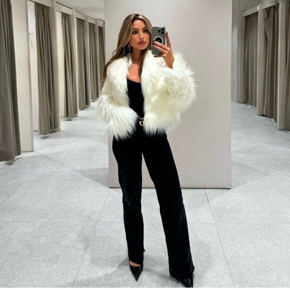 NEW Zara White Faux Fur Jacket Lapel Collar Size Medium NWT - Picture 4 of 11